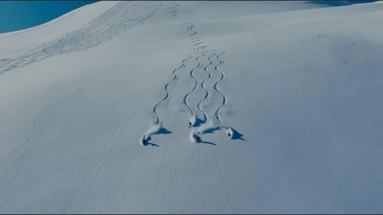 skiers carving snow on slope