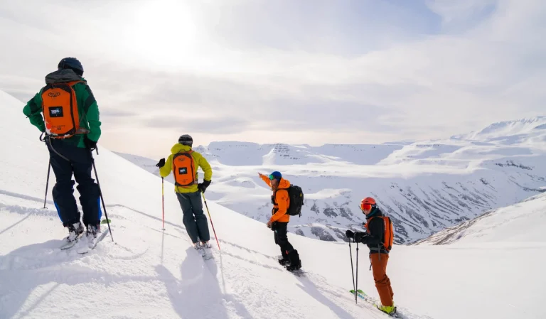 skiers on snowy mountain peak